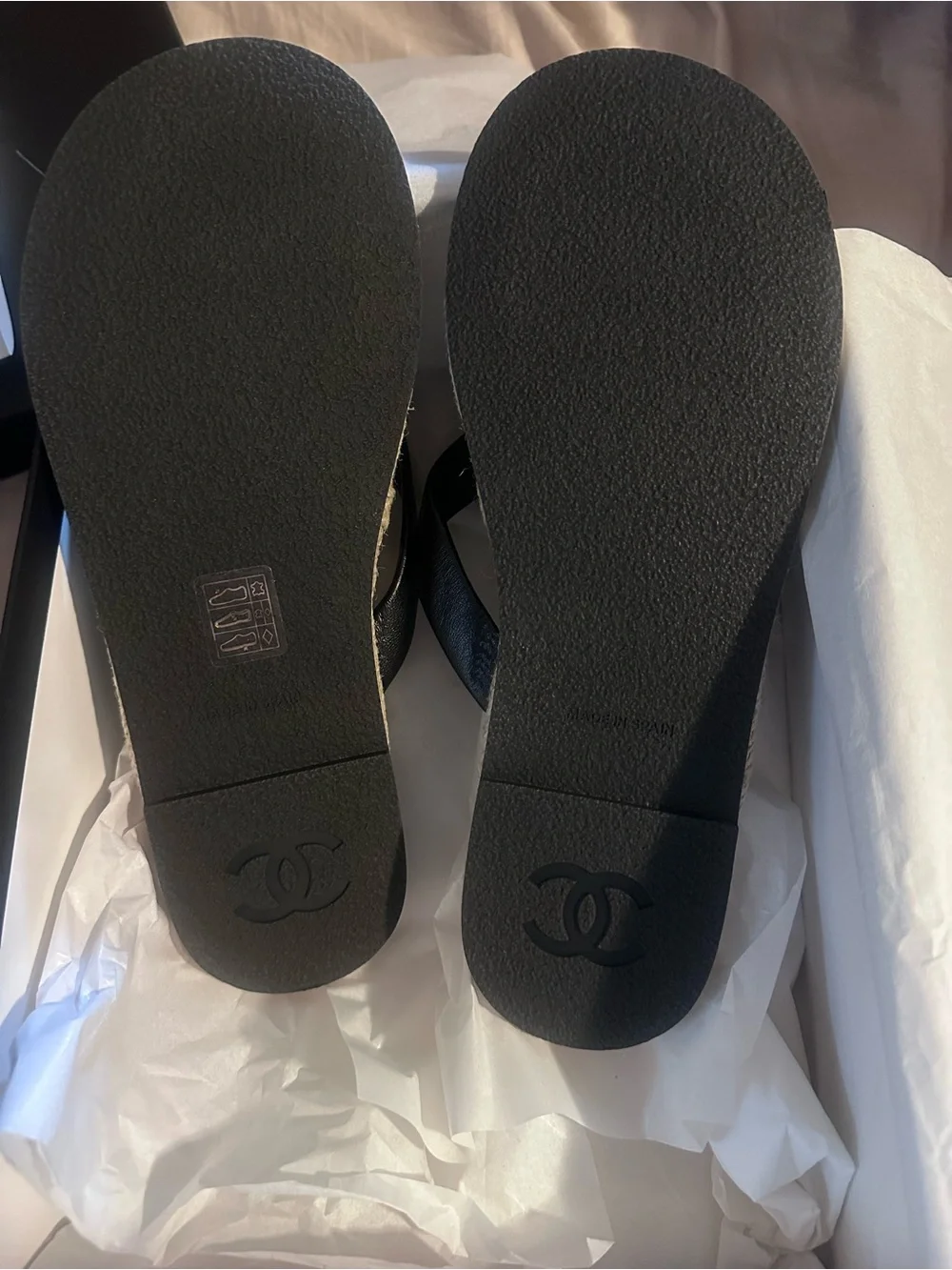 CHANEL Black and Gold Logo Thong Sandals